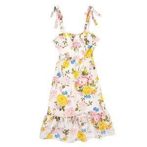 Lily Rose White Floral Midi Dress with Yellow, Pink & Blue Flowers